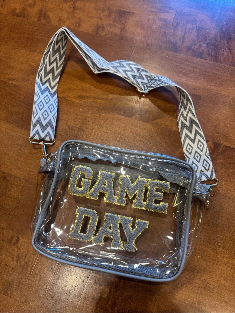 New Game Day Clear Stadium Crossbody Bag Gray Gold Chenille Adjustable Strap